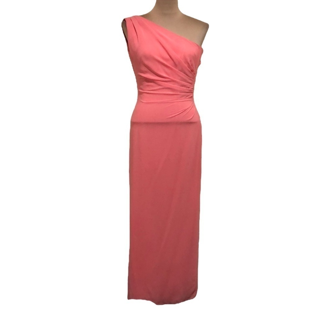 After Six Formal Dress Gown Size 2 Coral Pink One Shoulder Ruched Side Maxi